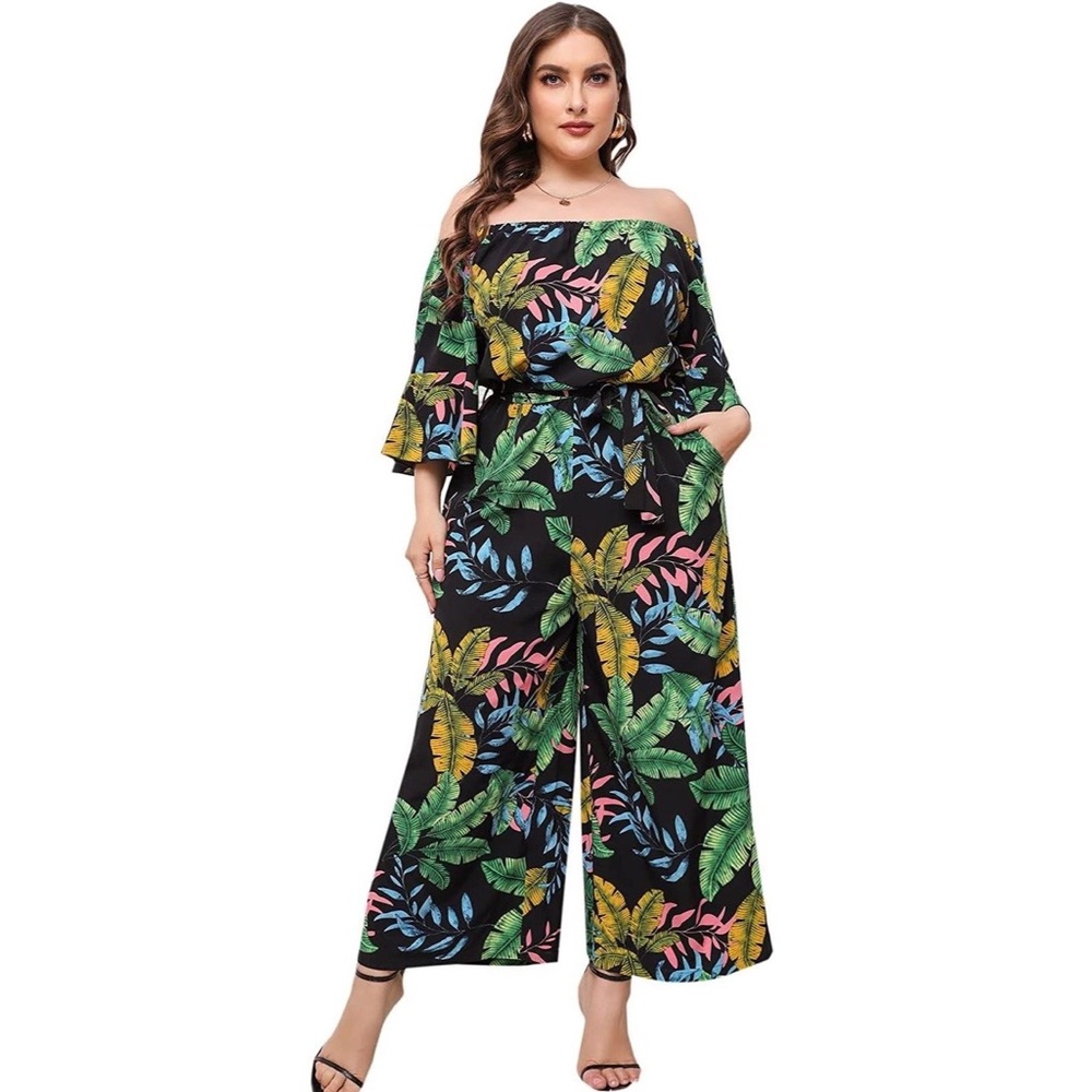 *Final Price Reduction* Colorful Leaf Print Off The Shoulder Black Jumpsuit